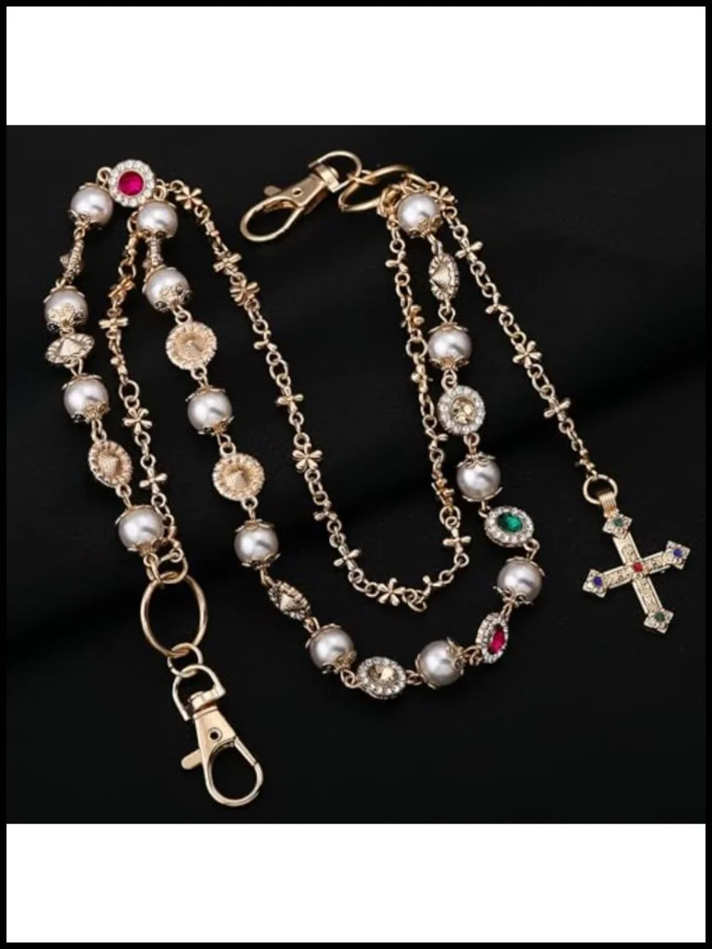 Layered Pearl Wallet Chain with Cross Charm, Purse Keychain
